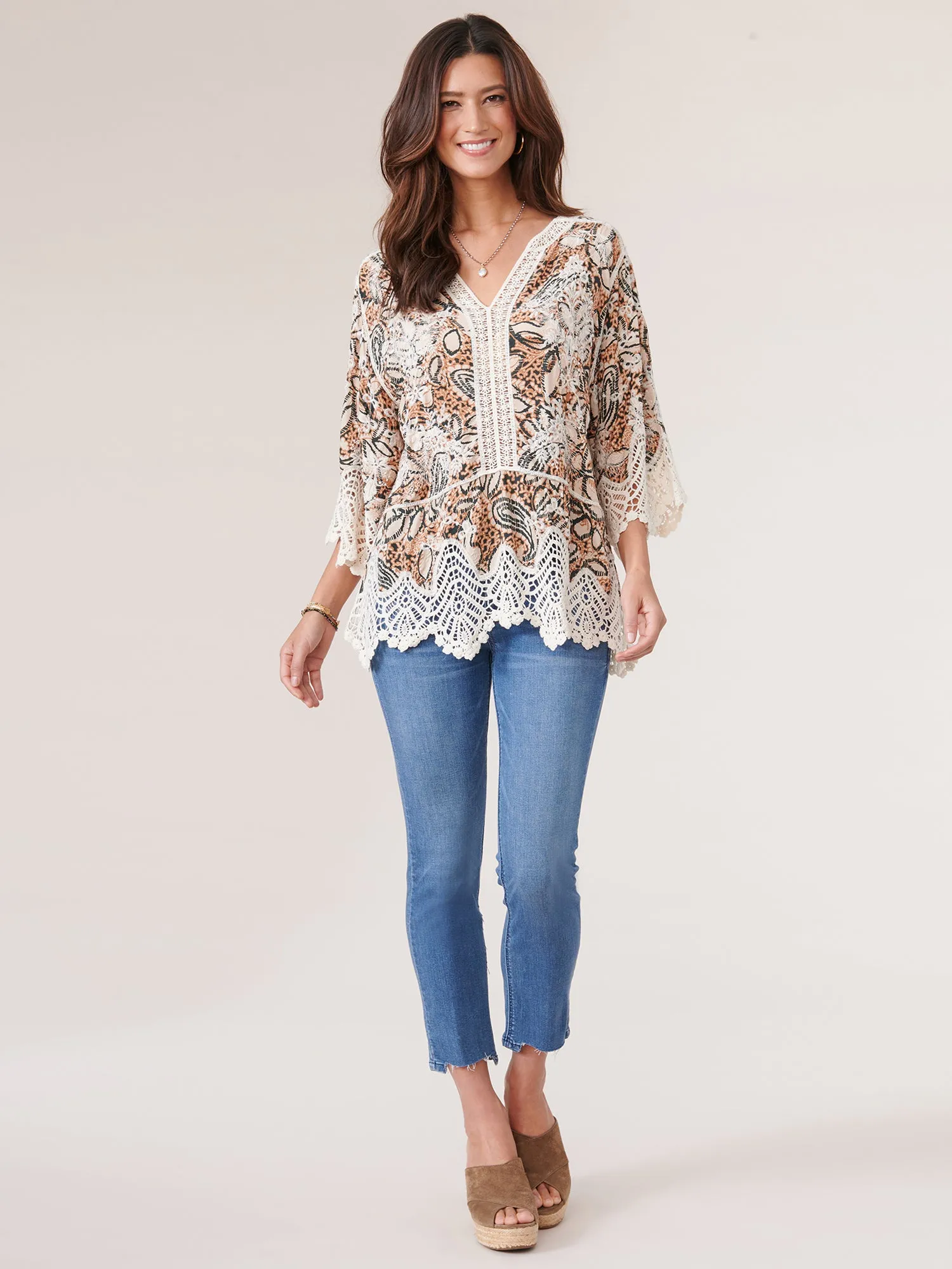 3/4 Sleeve V Notch Neck Paisley Peplum Hem Petite Woven Top