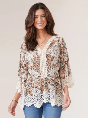 3/4 Sleeve V Notch Neck Paisley Peplum Hem Petite Woven Top