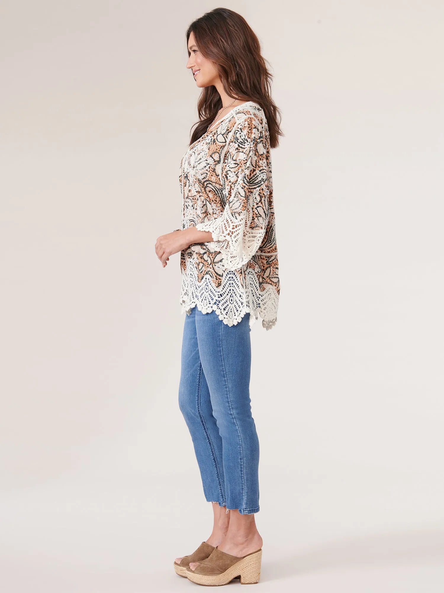 3/4 Sleeve V Notch Neck Paisley Peplum Hem Petite Woven Top