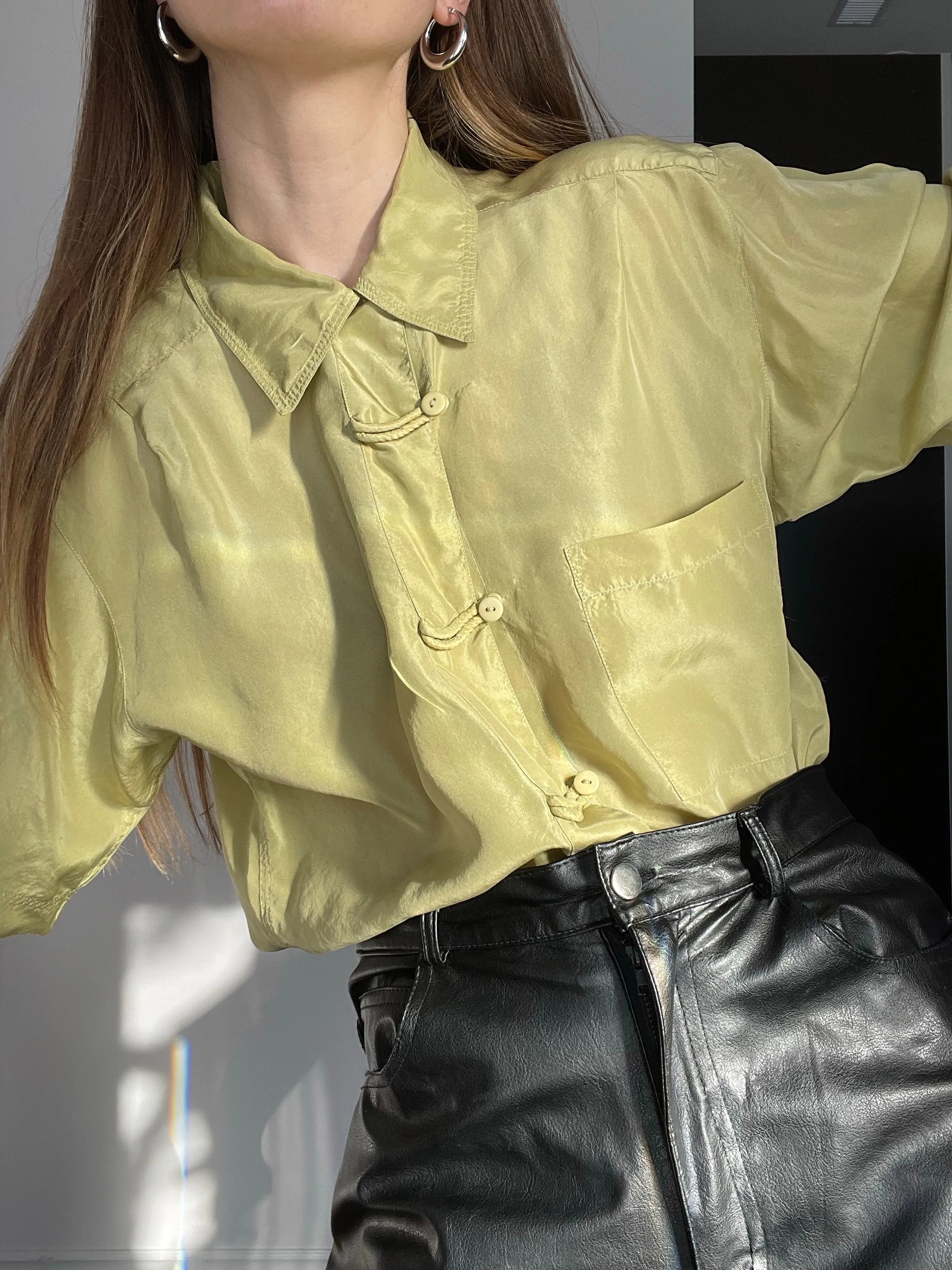 90s Luxurious 100% Silk Chartresuse Blouse - S/M