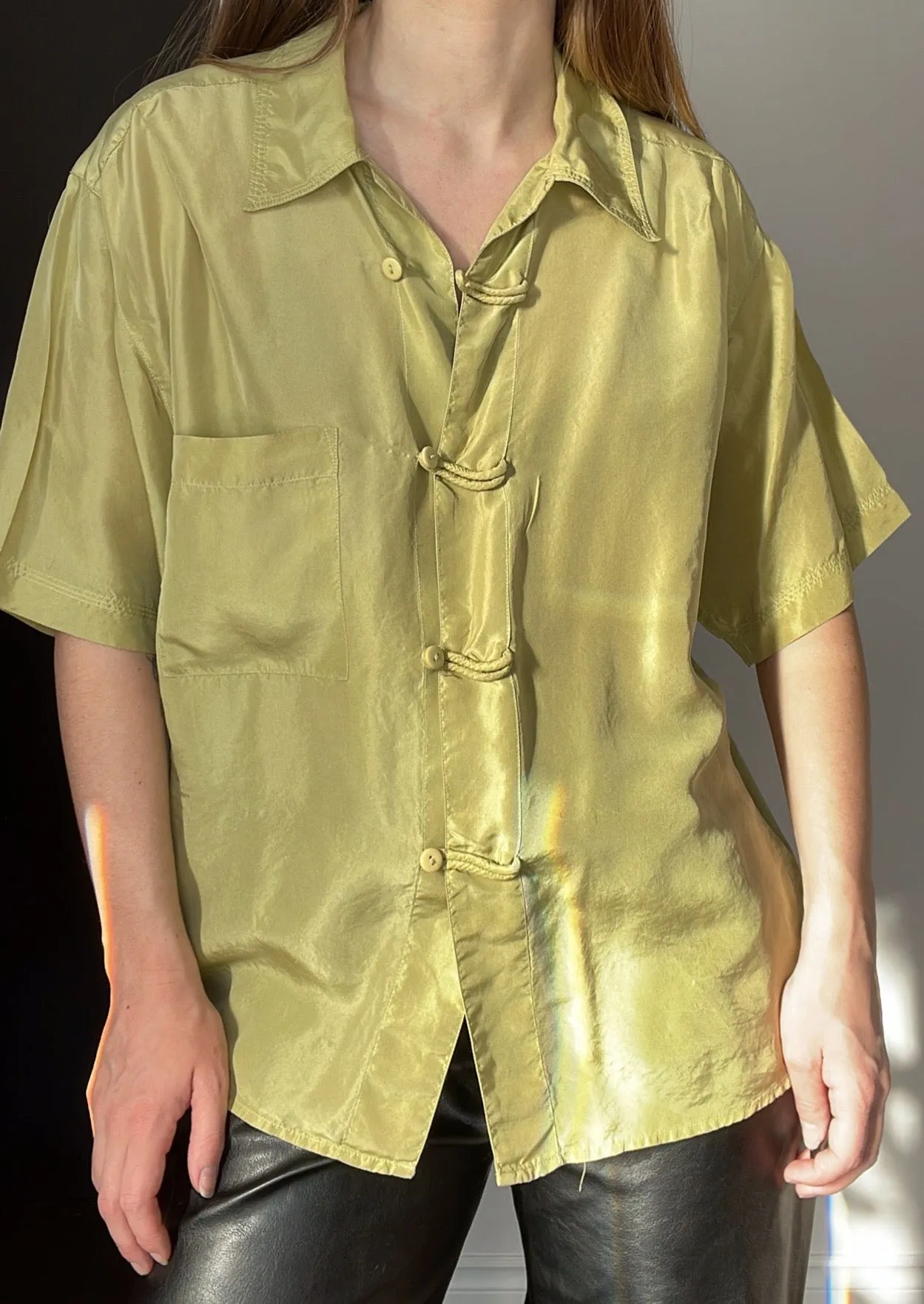 90s Luxurious 100% Silk Chartresuse Blouse - S/M