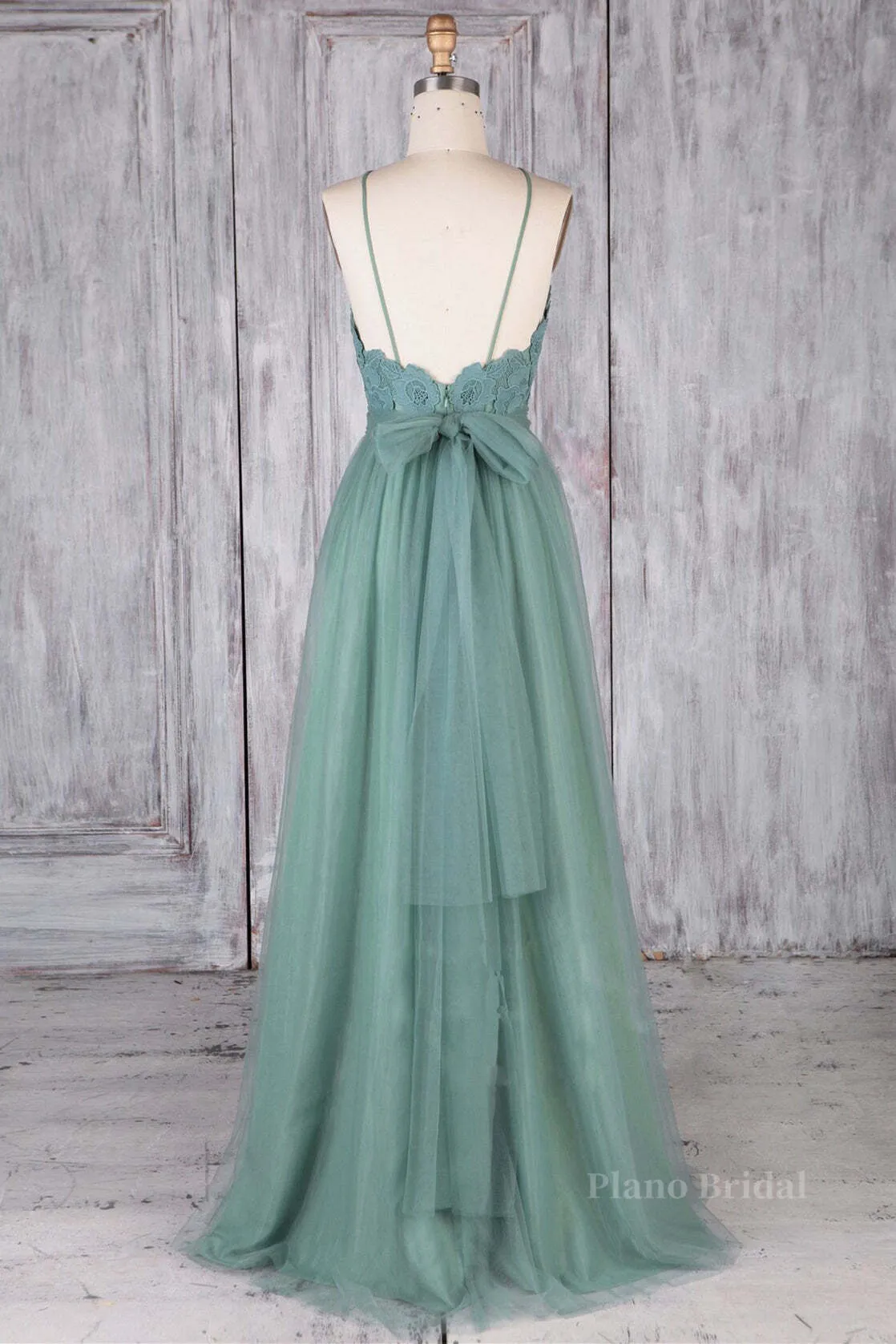 A Line Backless Lace Green Long Prom Dresses, Backless Green Lace Formal Graduation Evening Dresses