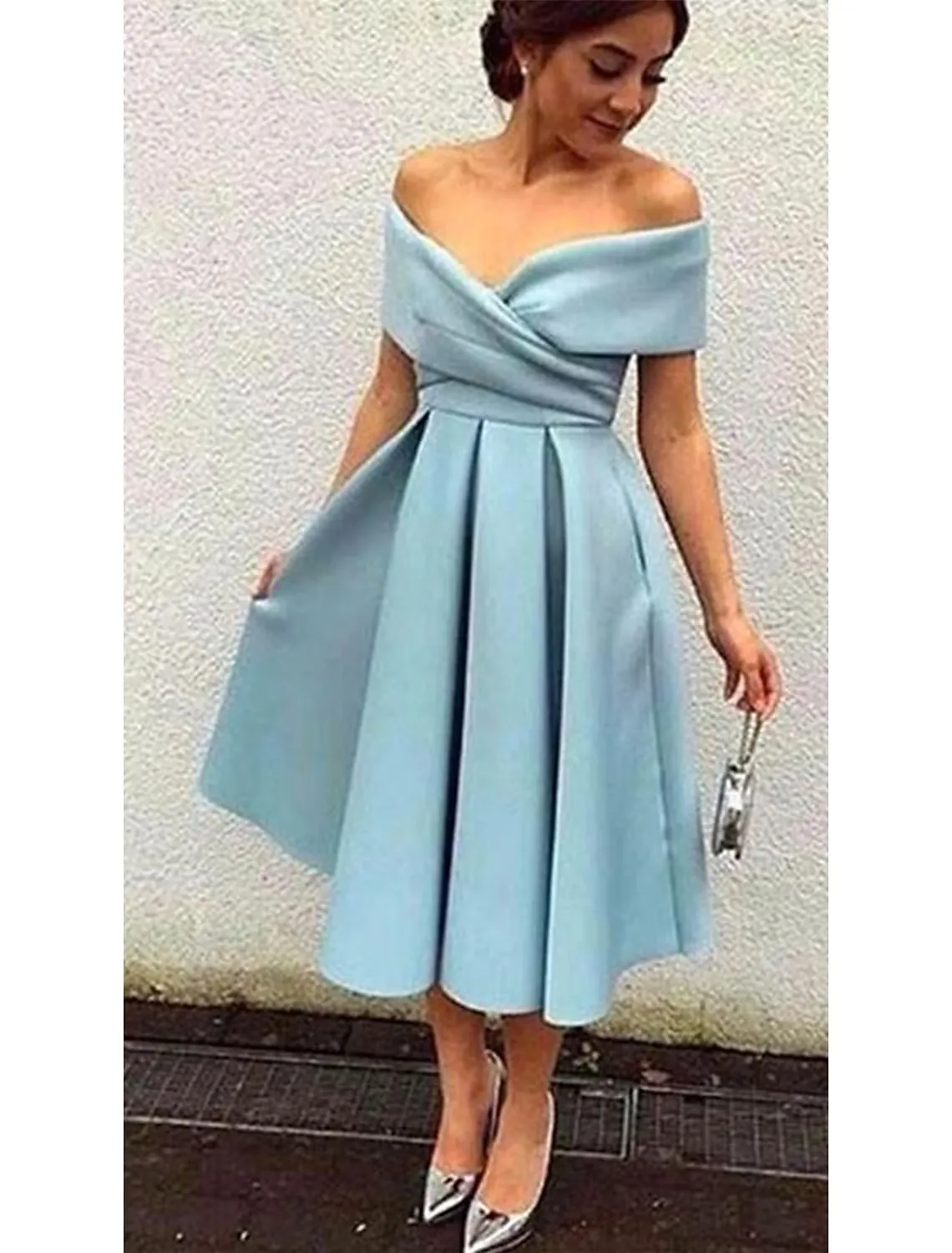 A-Line Cocktail Dresses Party Dress Homecoming Tea Length Short Sleeve V Neck Stretch Fabric V Back with Pleats