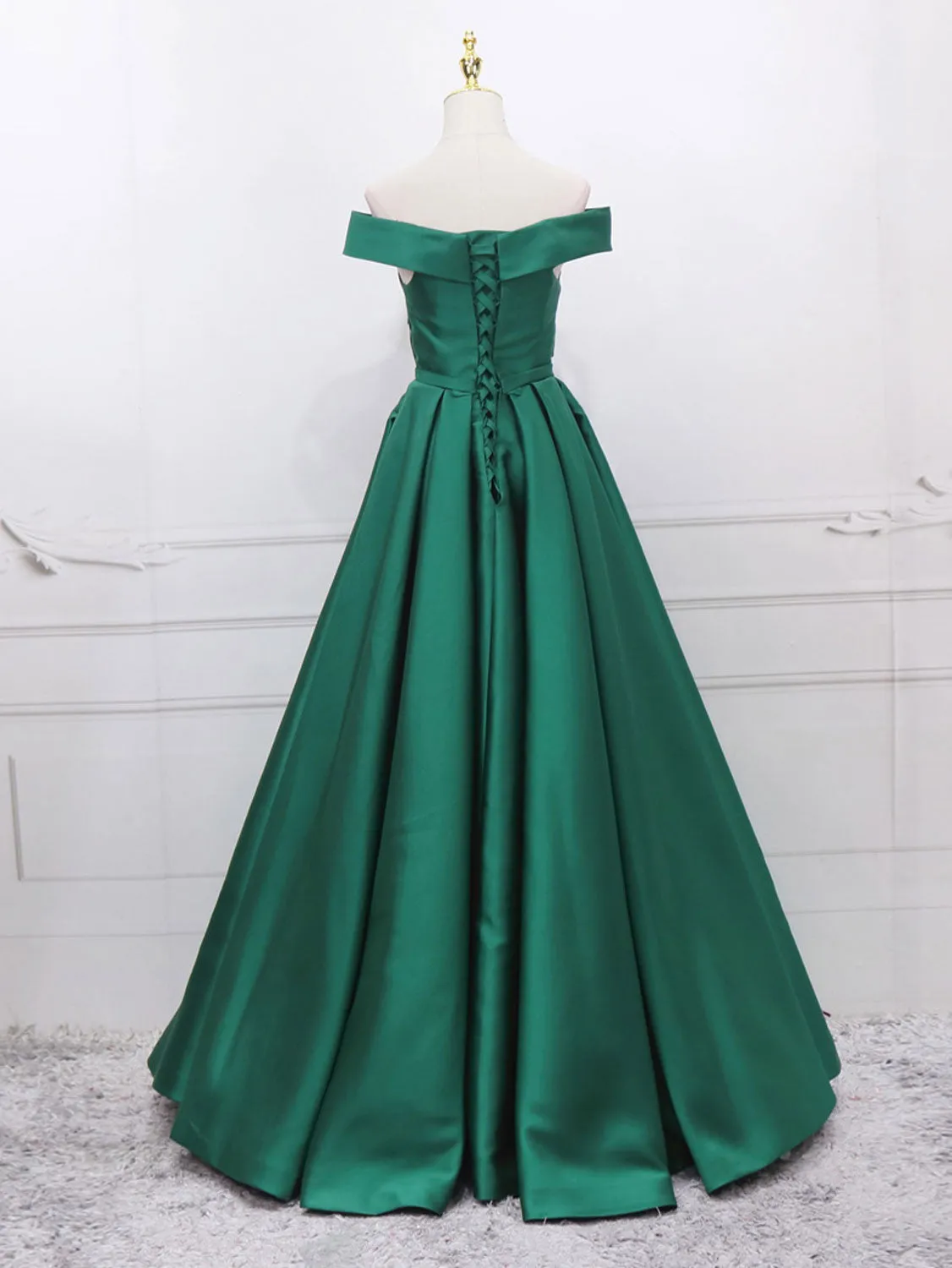 A-Line Off Shoulder Green Satin Long Prom Dresses, Green Evening Dresses