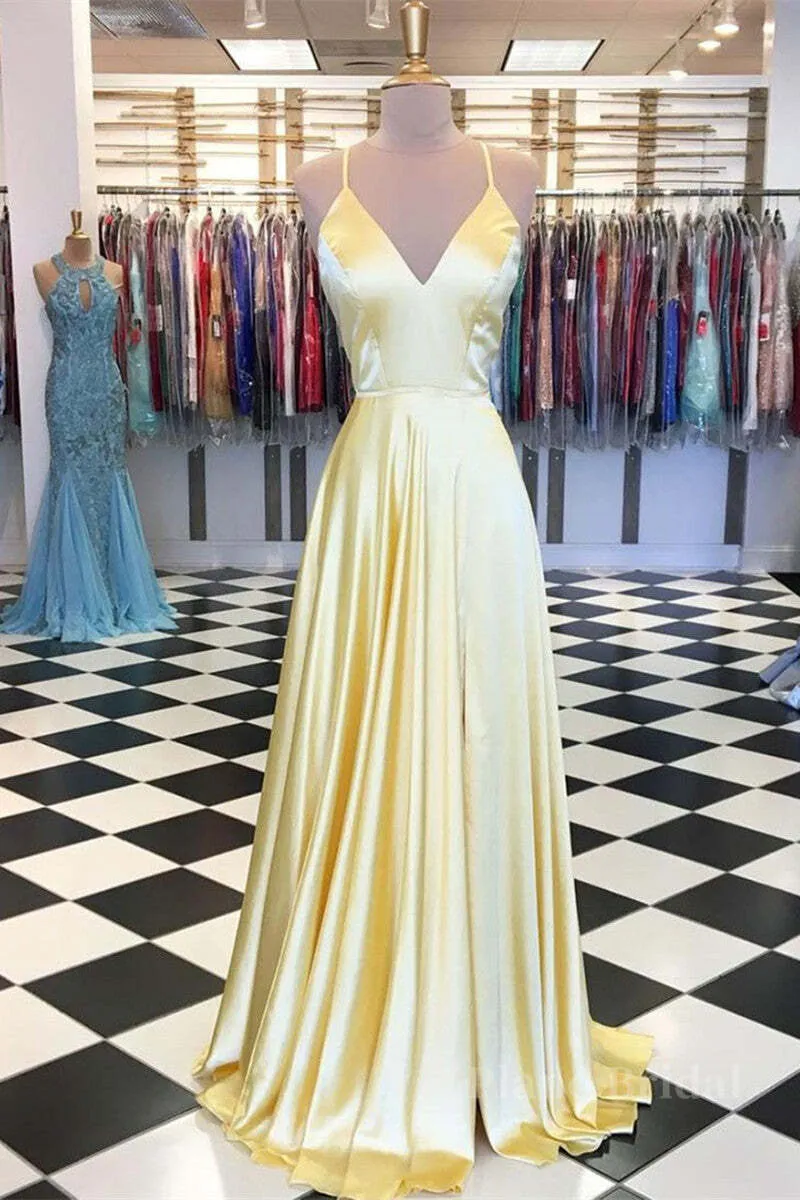 A Line V Neck Backless Yellow Satin Long Prom Dresses, Yellow Backless Formal Dresses, Yellow Evening Dresses