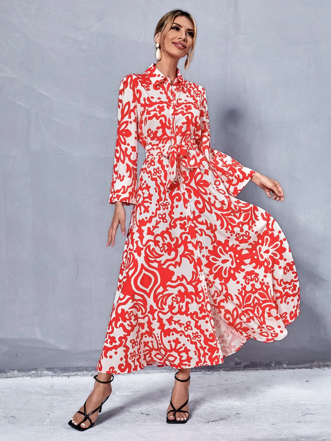 All Over Print Button Front Long Sleeve Collar Flared High Waist Long Dress