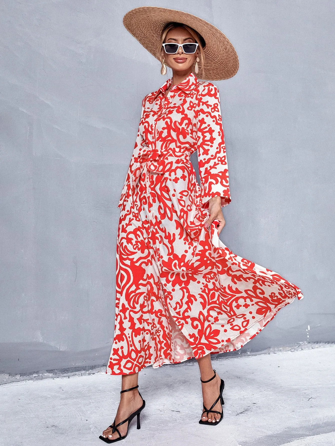 All Over Print Button Front Long Sleeve Collar Flared High Waist Long Dress