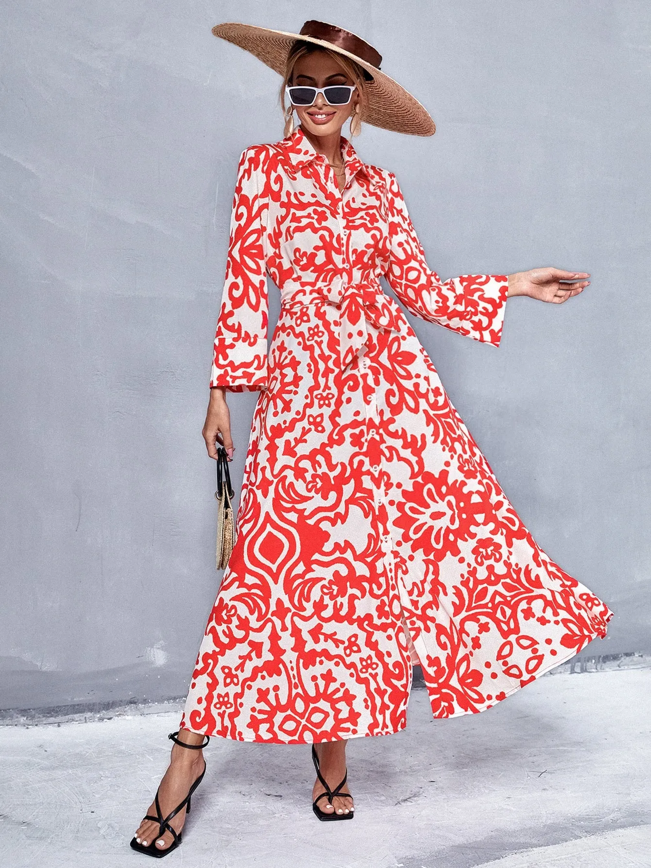 All Over Print Button Front Long Sleeve Collar Flared High Waist Long Dress