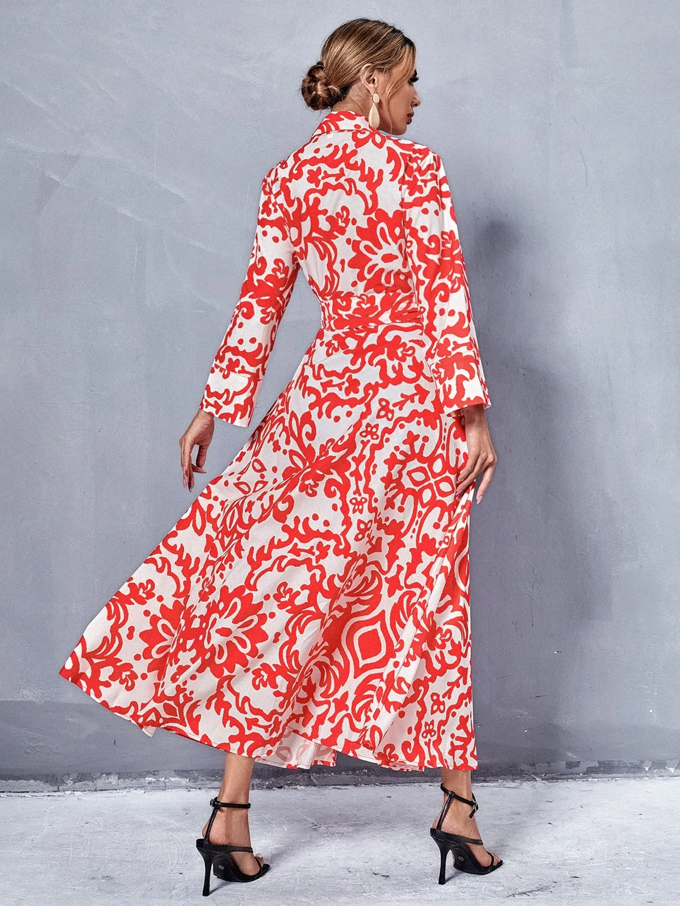 All Over Print Button Front Long Sleeve Collar Flared High Waist Long Dress