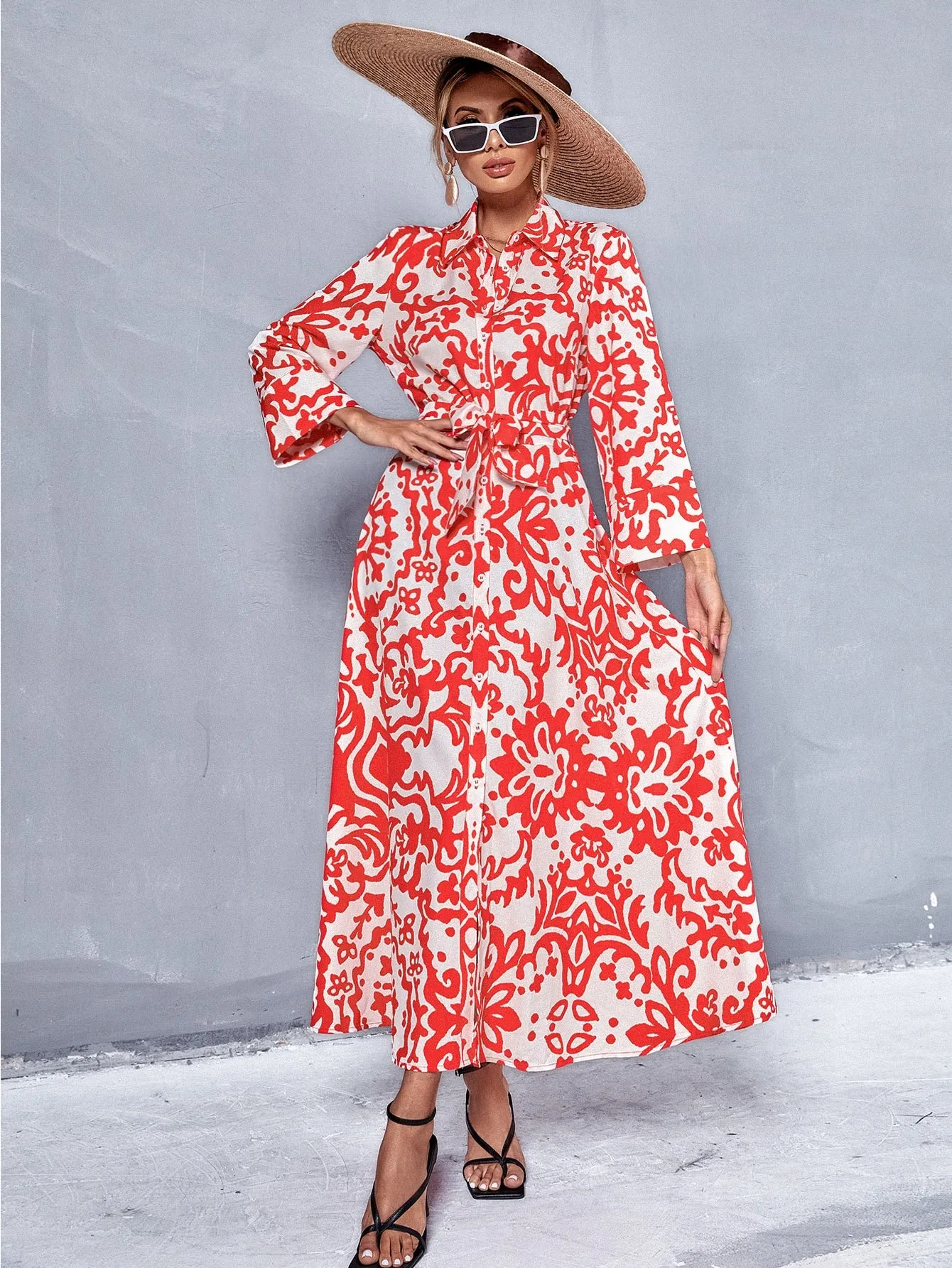 All Over Print Button Front Long Sleeve Collar Flared High Waist Long Dress