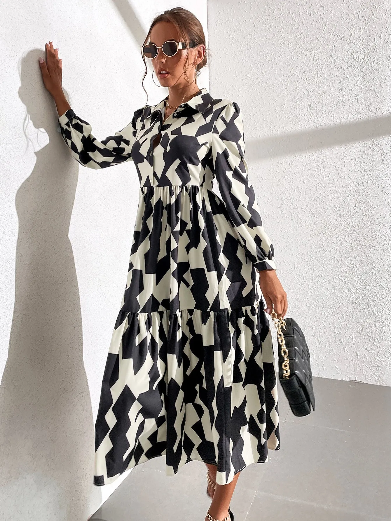 All Over Print Button Long Sleeve Collar Flounce High Waist Long Dress