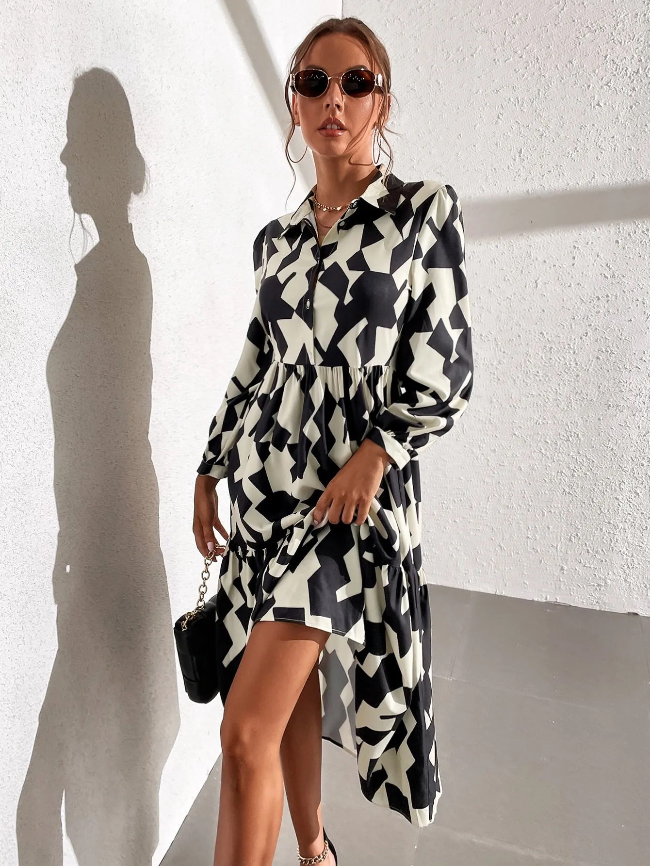 All Over Print Button Long Sleeve Collar Flounce High Waist Long Dress