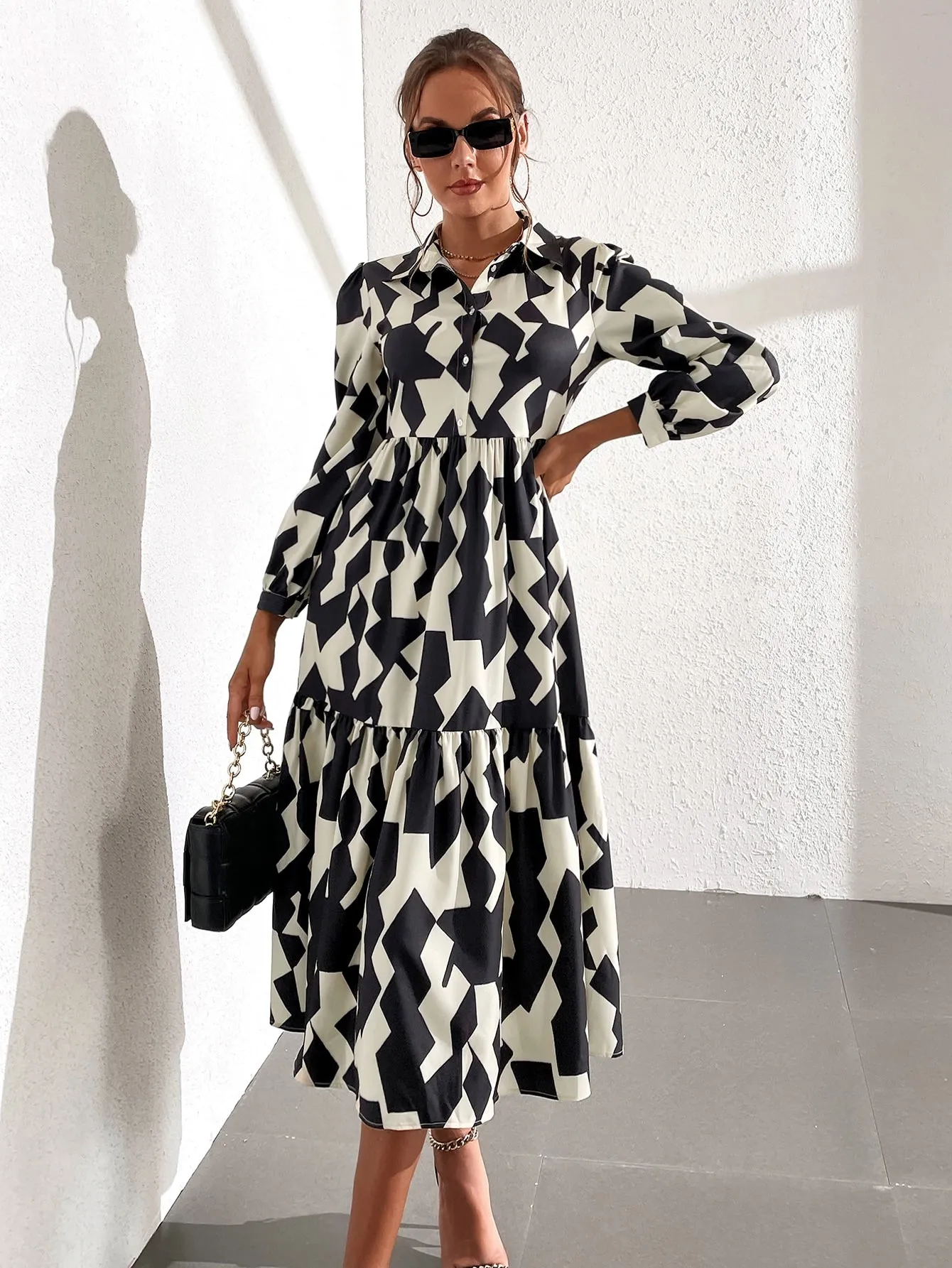 All Over Print Button Long Sleeve Collar Flounce High Waist Long Dress