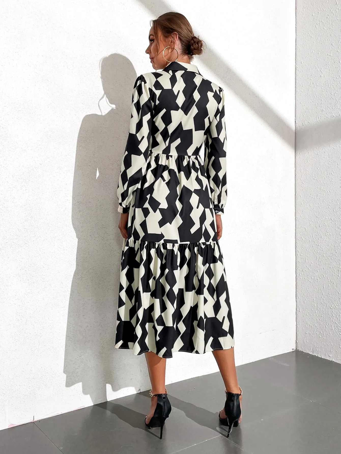 All Over Print Button Long Sleeve Collar Flounce High Waist Long Dress