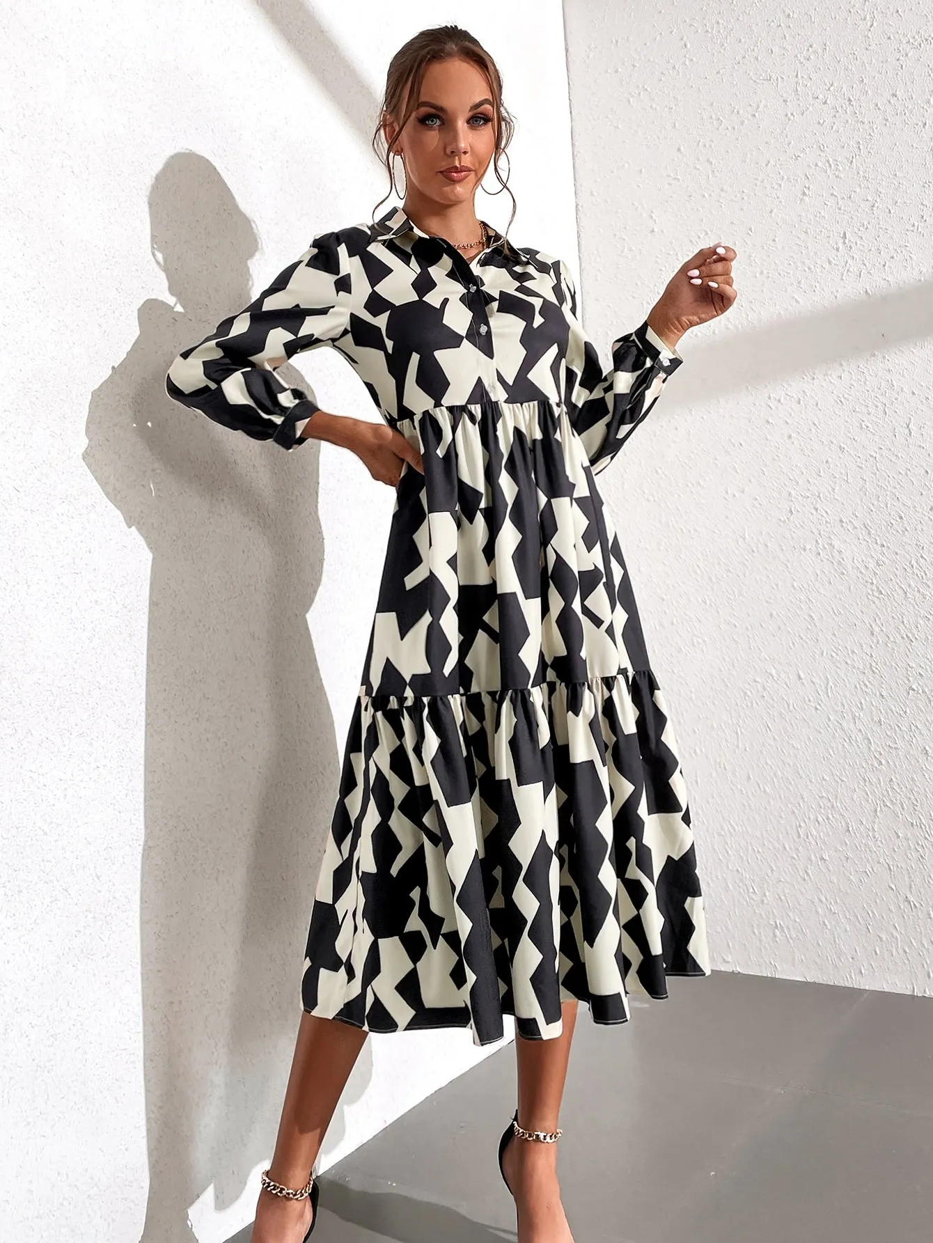 All Over Print Button Long Sleeve Collar Flounce High Waist Long Dress