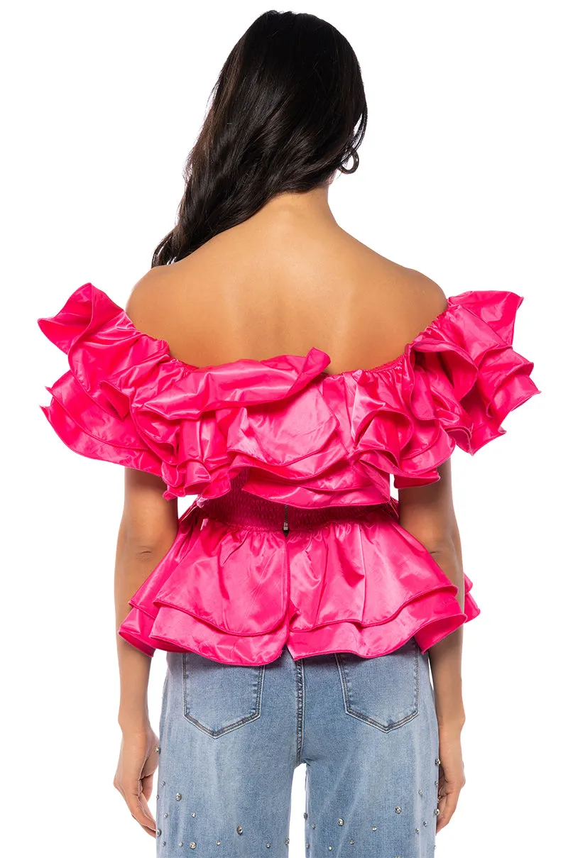 AMARI OFF THE SHOULDER RUFFLE PEPLUM BLOUSE