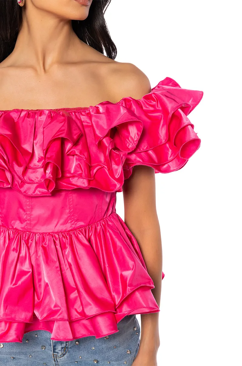 AMARI OFF THE SHOULDER RUFFLE PEPLUM BLOUSE