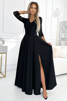 AMBER lace; elegant long dress with a neckline and leg slit - black