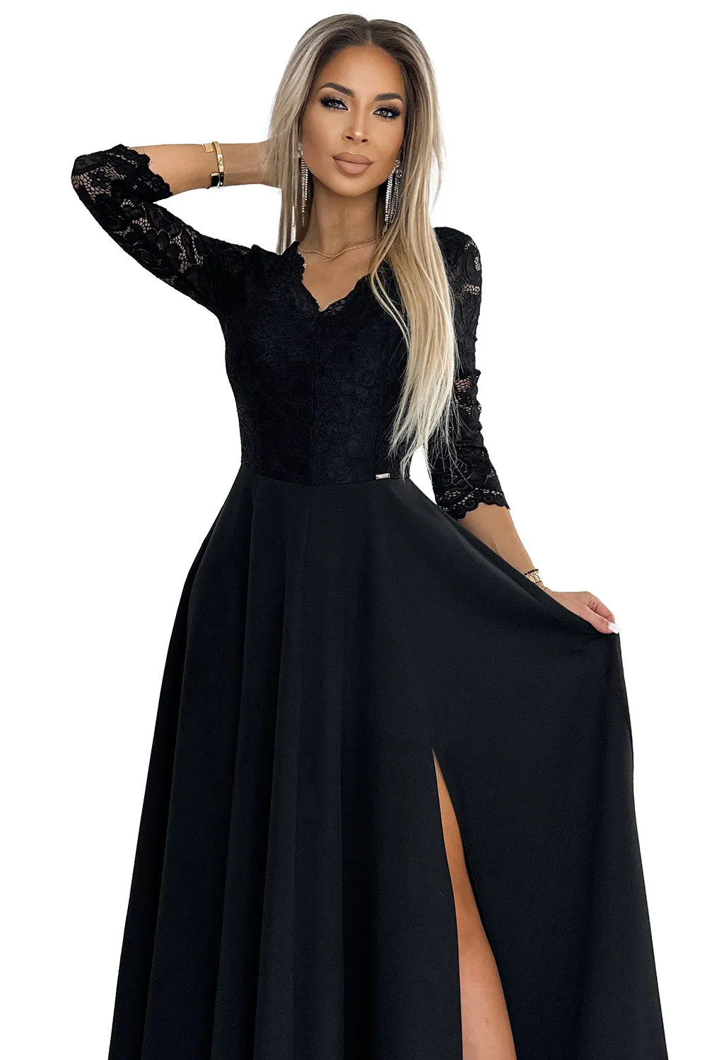 AMBER lace; elegant long dress with a neckline and leg slit - black