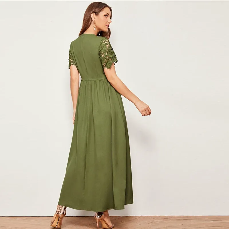 Army Green Solid Guipure Lace Trim Fit And Flare Dress Women Summer Short Sleeve High Waist Elegant Maxi Dresses