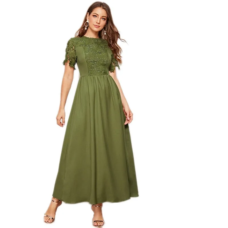 Army Green Solid Guipure Lace Trim Fit And Flare Dress Women Summer Short Sleeve High Waist Elegant Maxi Dresses