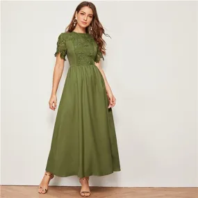 Army Green Solid Guipure Lace Trim Fit And Flare Dress Women Summer Short Sleeve High Waist Elegant Maxi Dresses