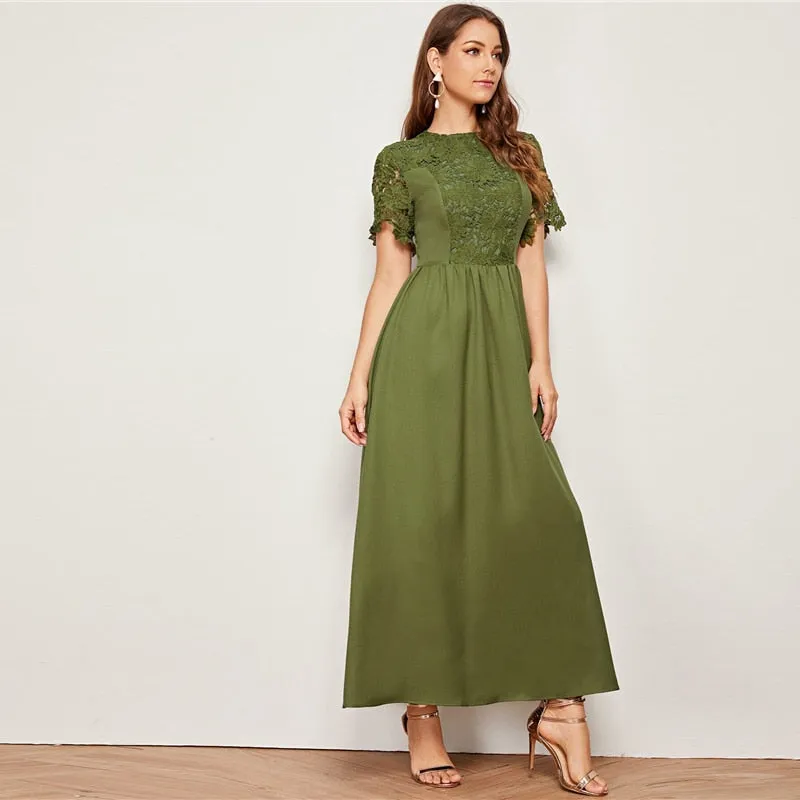 Army Green Solid Guipure Lace Trim Fit And Flare Dress Women Summer Short Sleeve High Waist Elegant Maxi Dresses