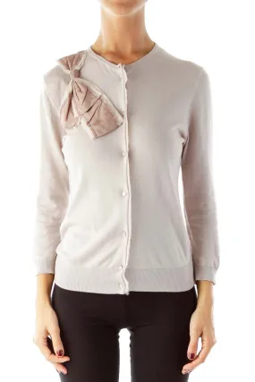 Beige Button Cardigan With Bow Detail