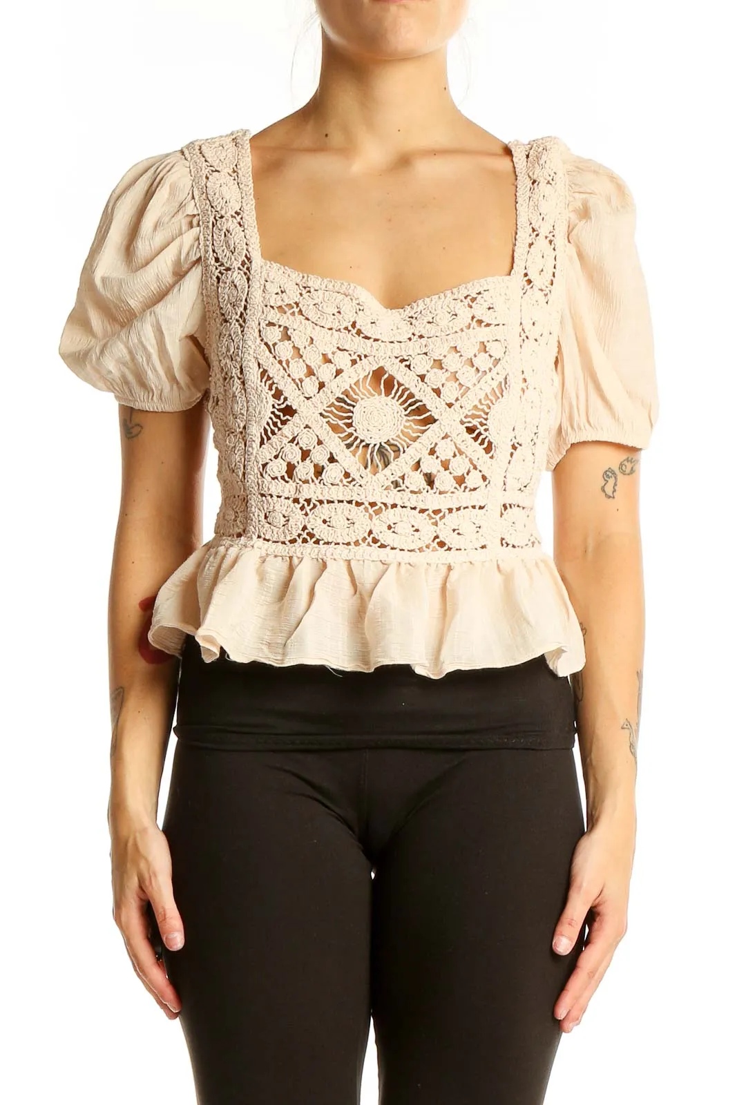 Beige Crochet Peplum Crop Top