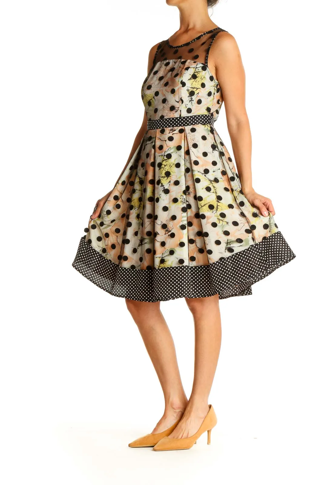 Beige Polka Dot Day Fit & Flare Dress