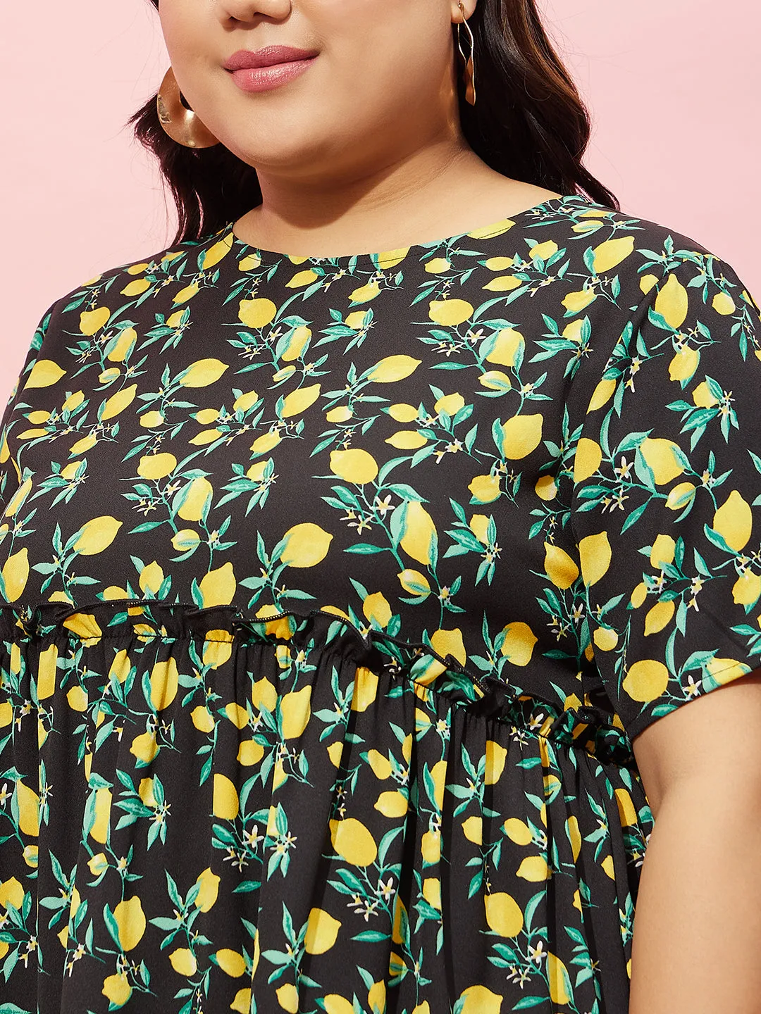 Berrylush Women Plus Size Black, Yellow, & Green Floral Printed Round Neck Polyester Regular Peplum Top