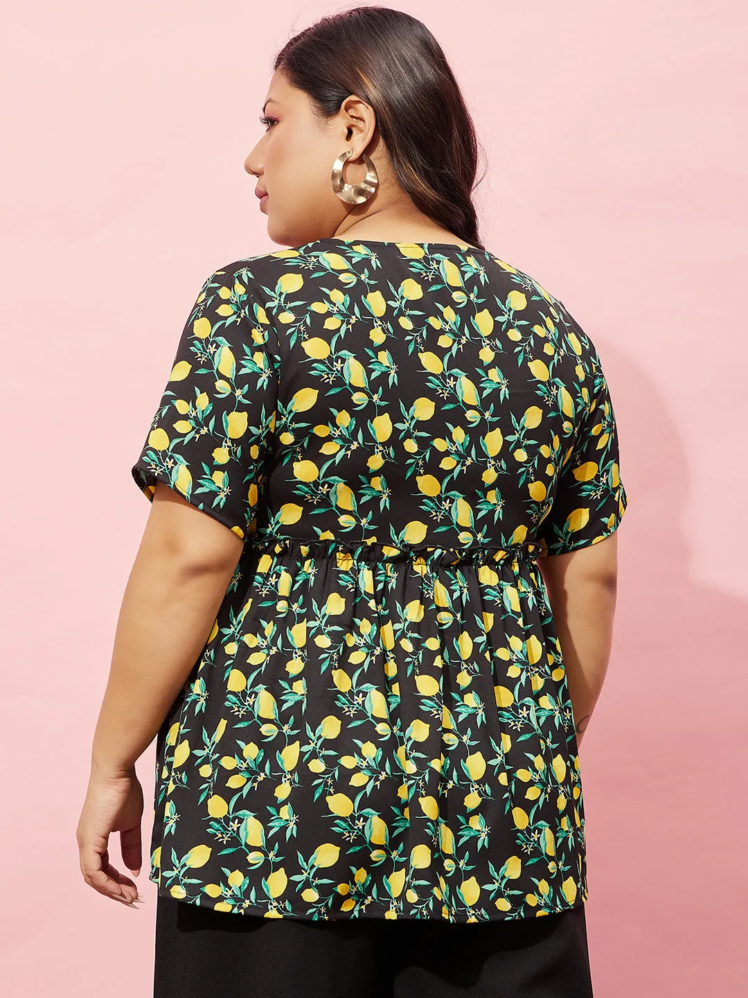 Berrylush Women Plus Size Black, Yellow, & Green Floral Printed Round Neck Polyester Regular Peplum Top