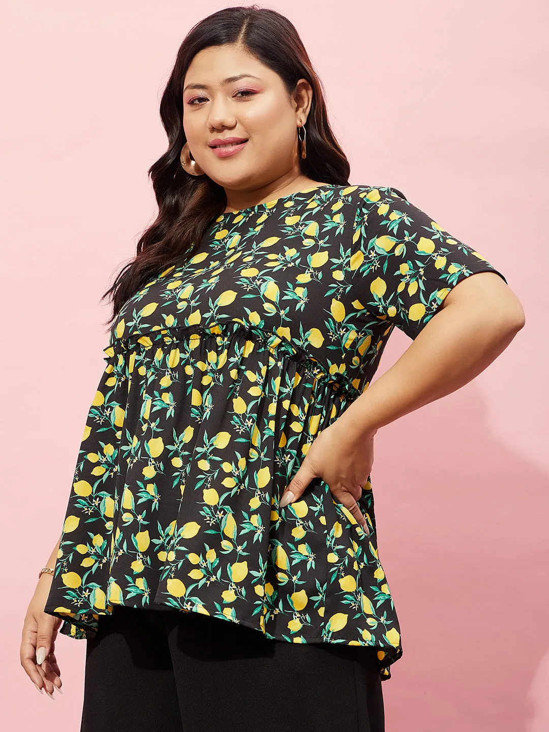 Berrylush Women Plus Size Black, Yellow, & Green Floral Printed Round Neck Polyester Regular Peplum Top