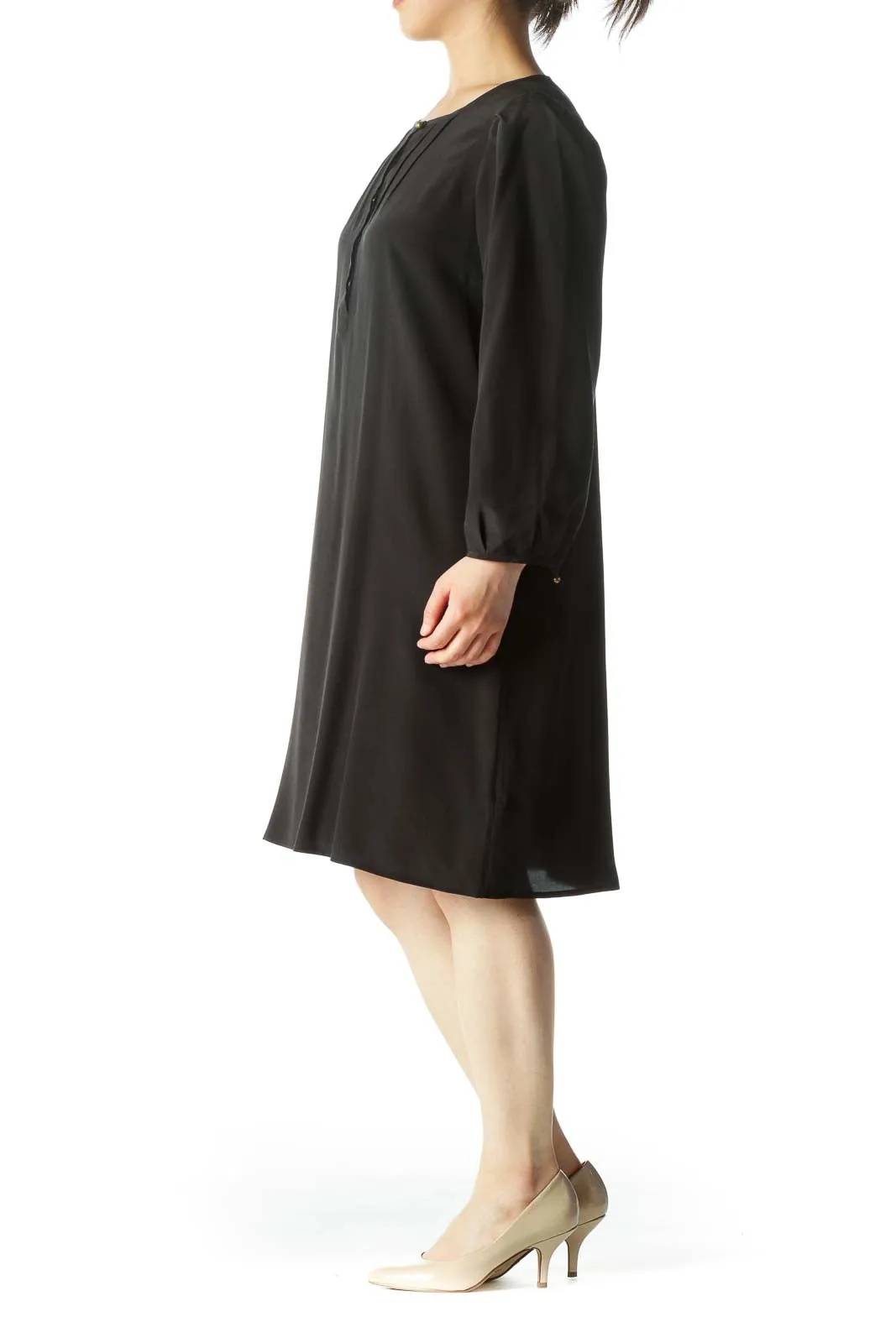 Black 100% Silk Chest-Pleated Buttoned 3/4 Sleeve Peasant Cocktail Dress