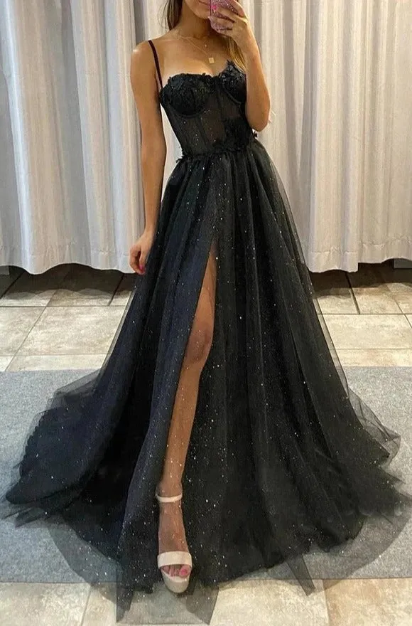 Black A Line Spaghetti Straps Prom Dresses with Slit, Sparkly Evening Gown