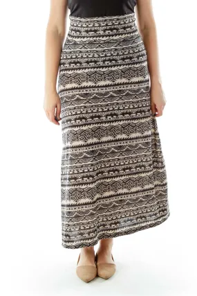 Black Beige Tribal Print Maxi Skirt