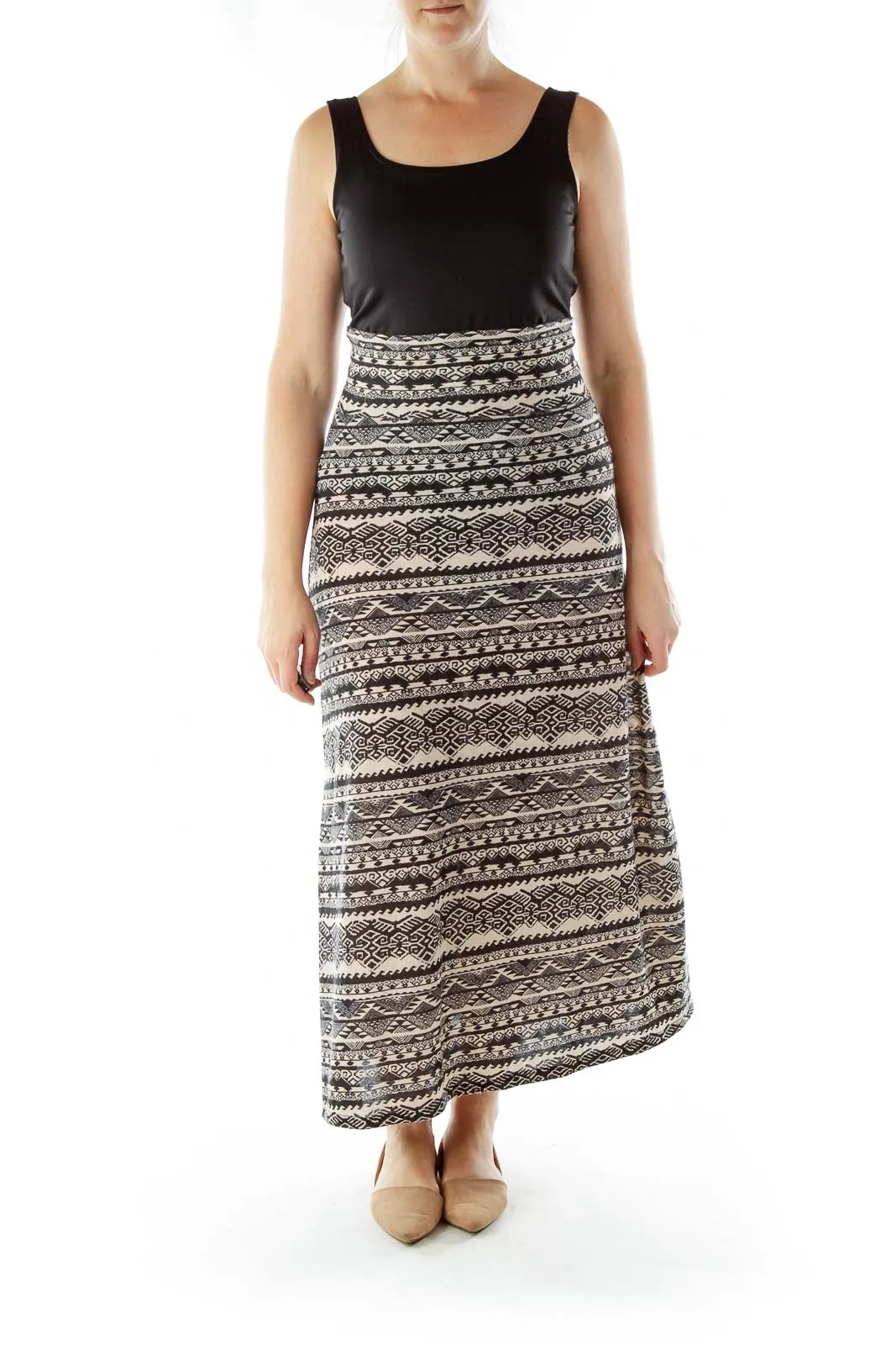 Black Beige Tribal Print Maxi Skirt