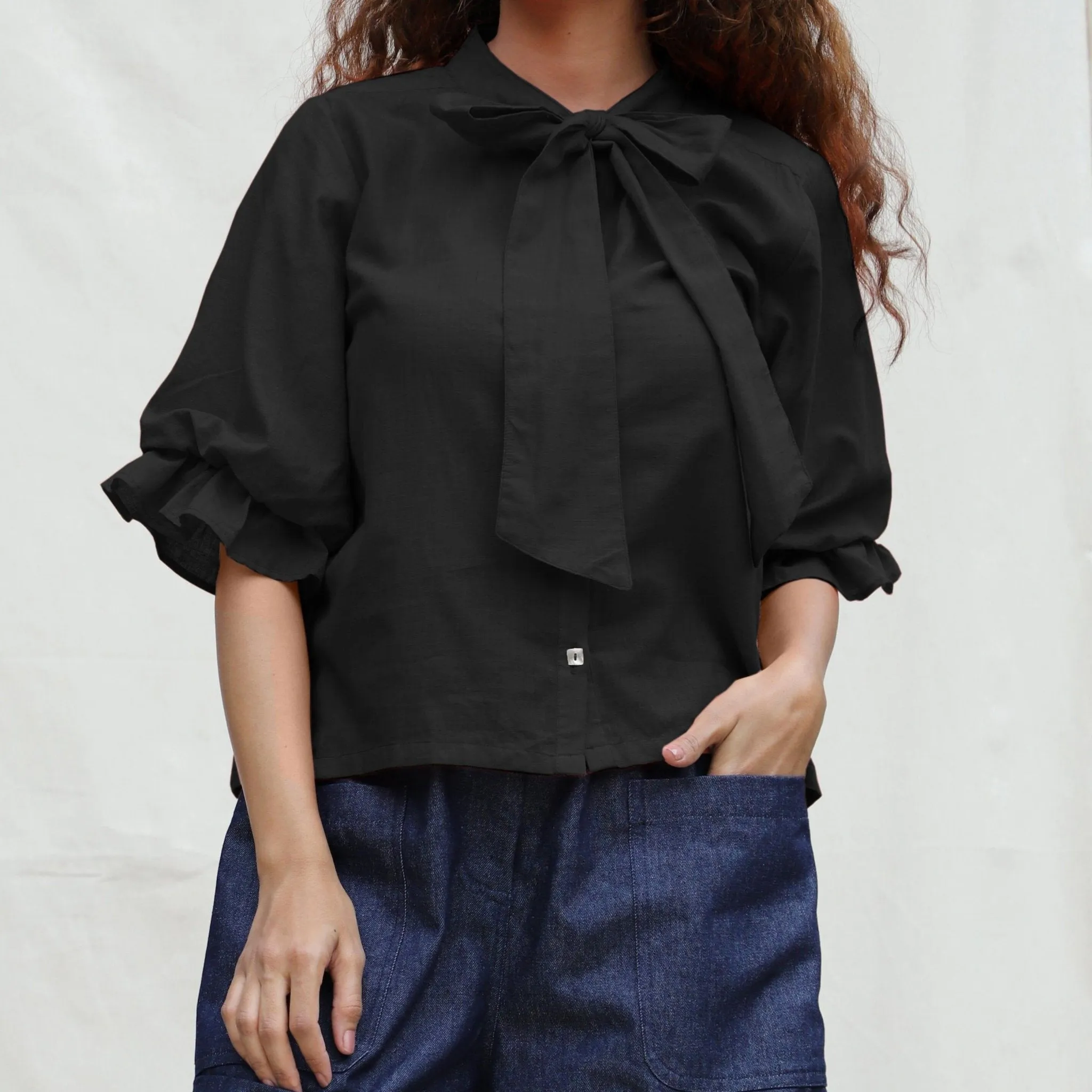 Black Cotton Flax Button-Down Shirt