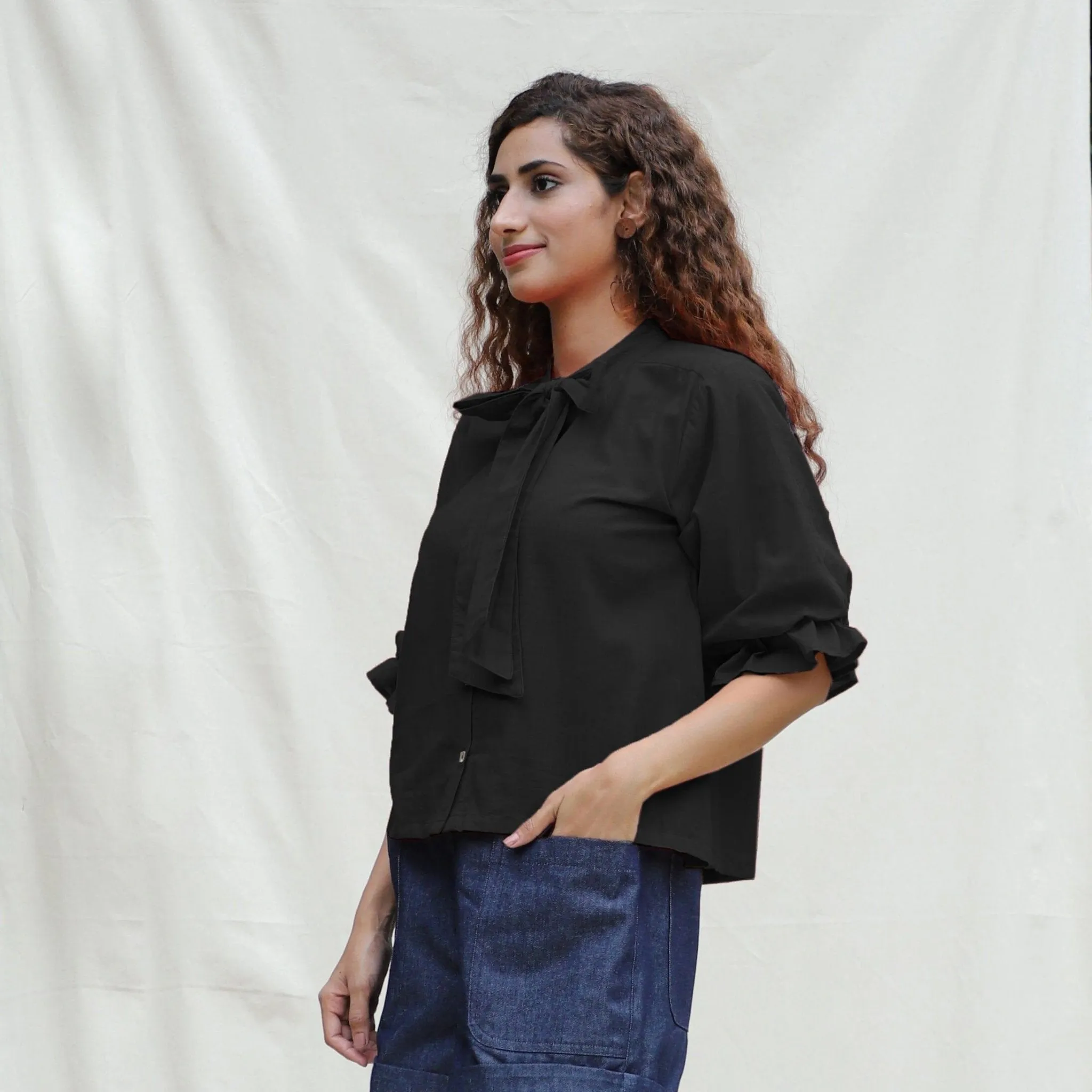 Black Cotton Flax Button-Down Shirt