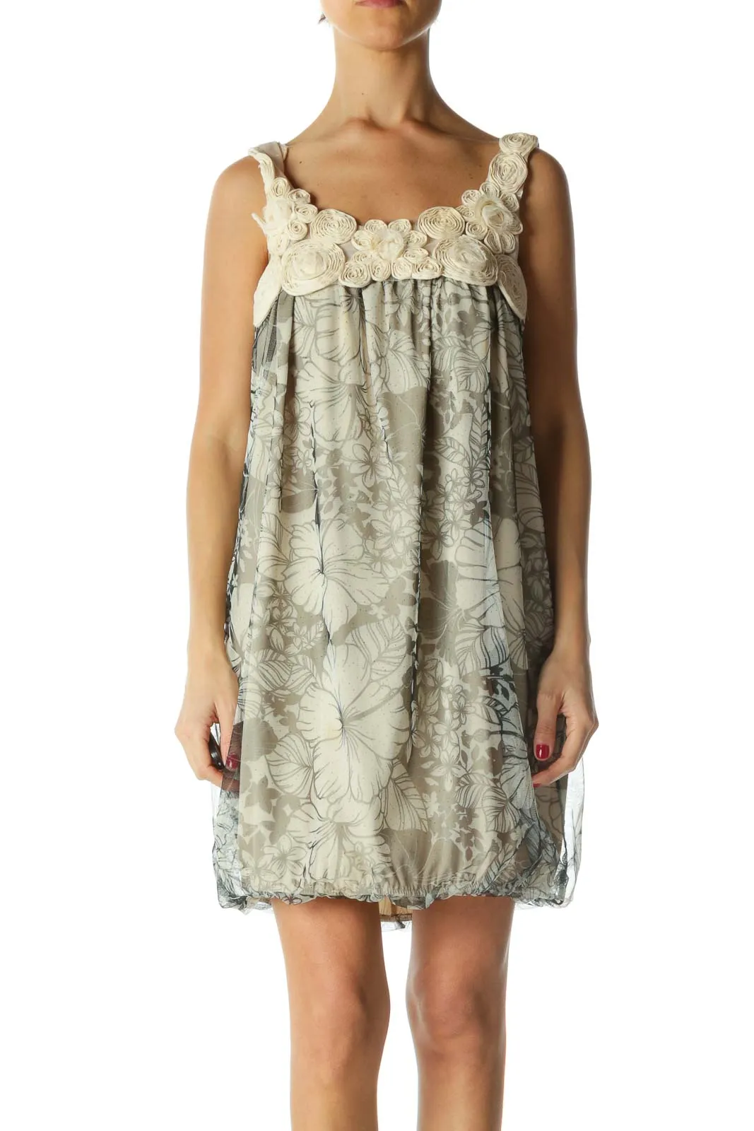 Black Cream Floral Print Sparkle Mixed-Media Dress