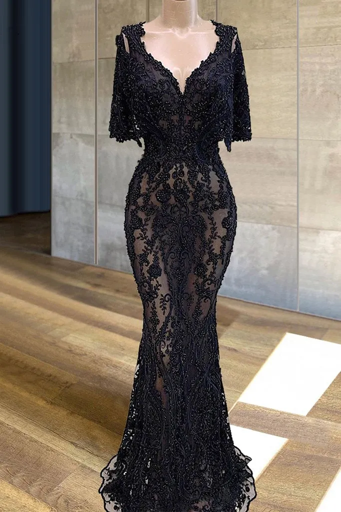 black evening dresses, beaded evening dress, modest evening dresses, lace applique evening dresses Y1144