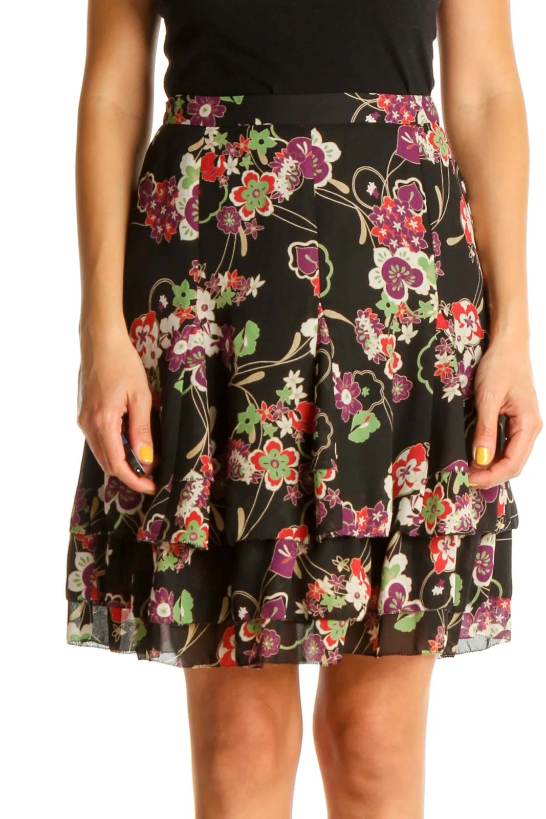 Black Floral Print Brunch A-Line Skirt