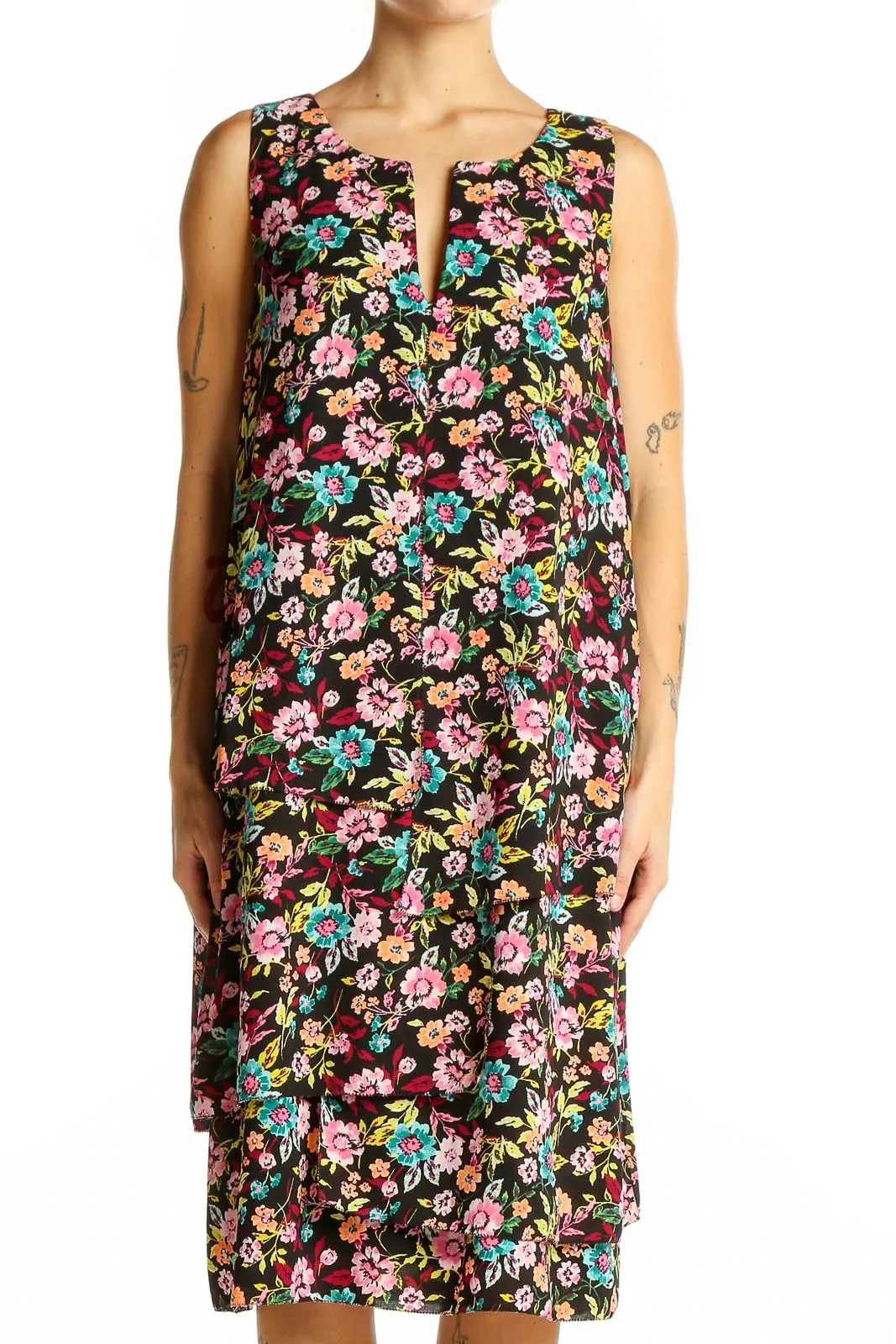 Black Floral Sleeveless Midi Dress