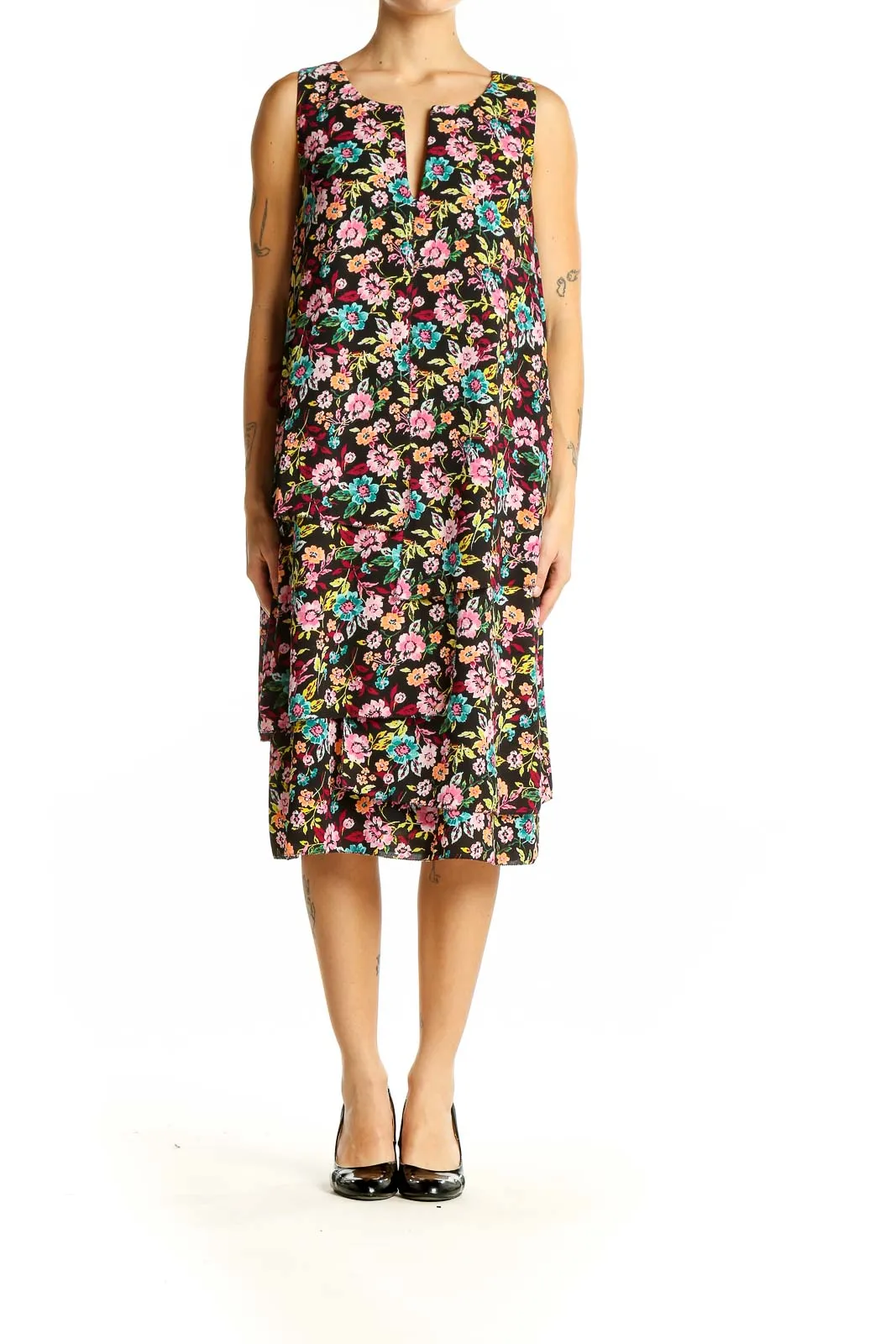 Black Floral Sleeveless Midi Dress