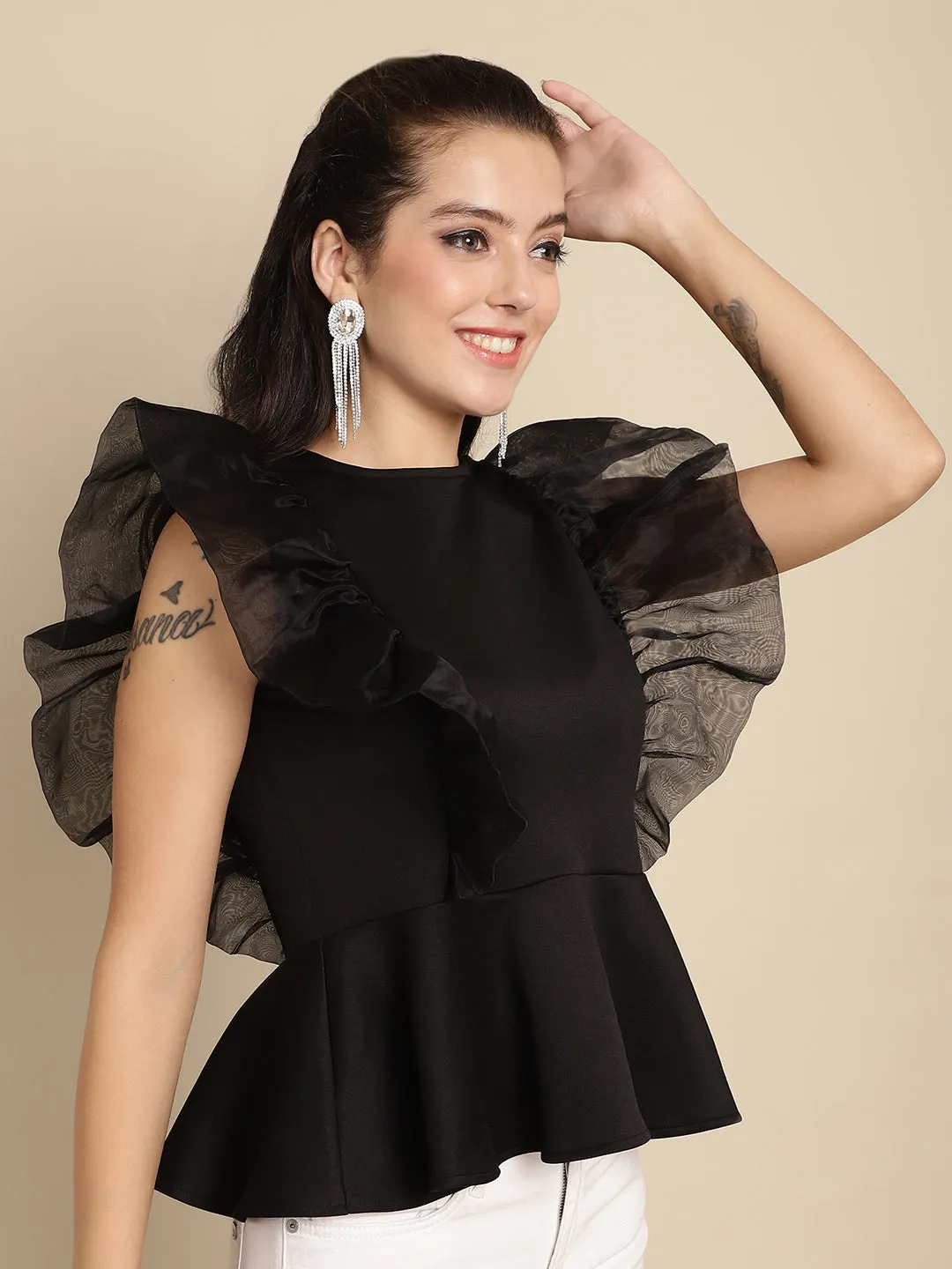 Black Peplum Top With Organza Frills