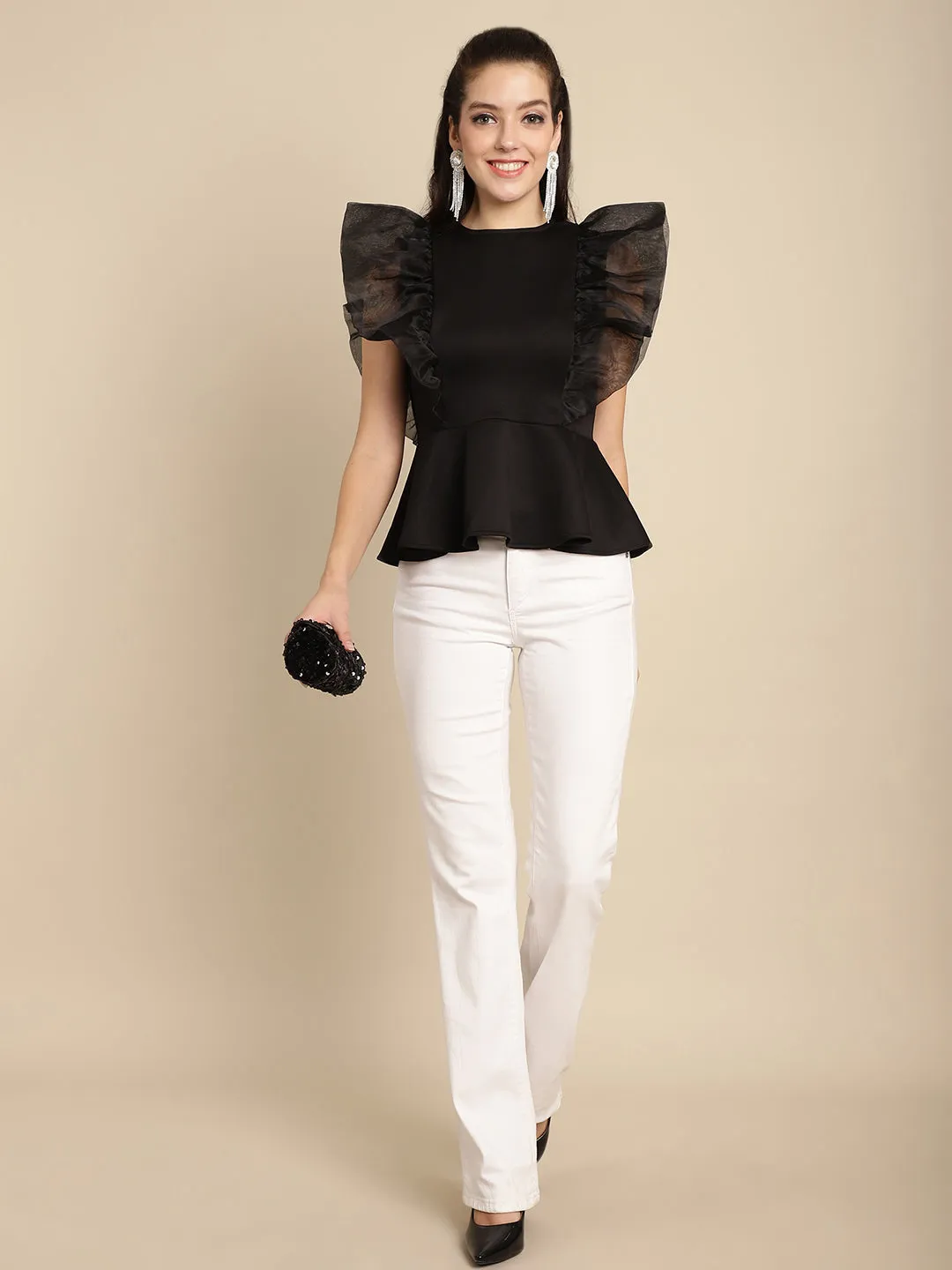 Black Peplum Top With Organza Frills