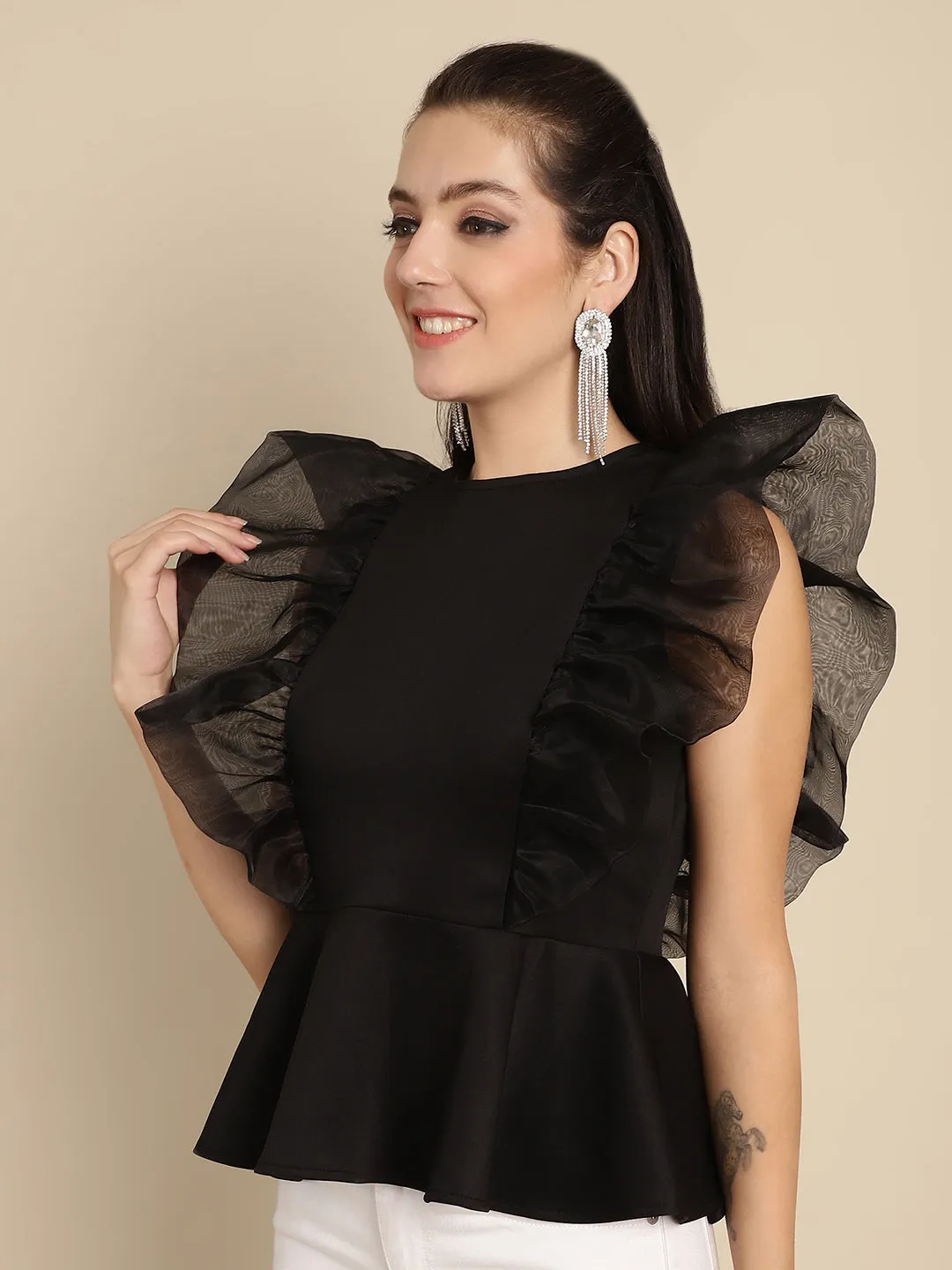 Black Peplum Top With Organza Frills