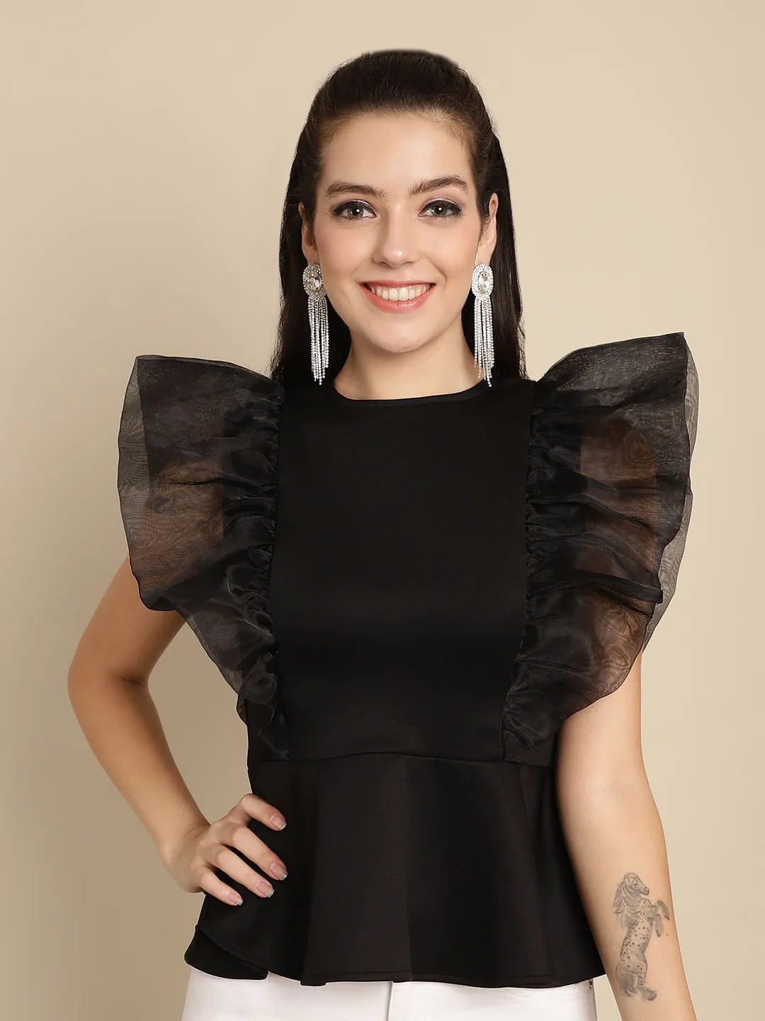 Black Peplum Top With Organza Frills