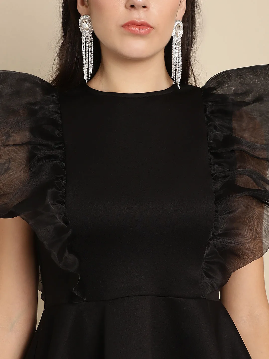 Black Peplum Top With Organza Frills