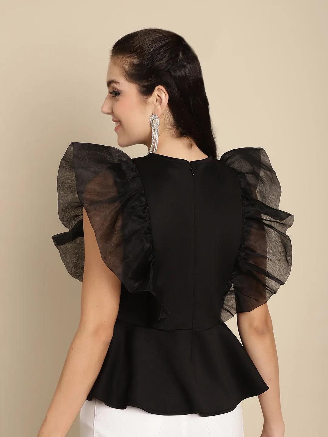 Black Peplum Top With Organza Frills